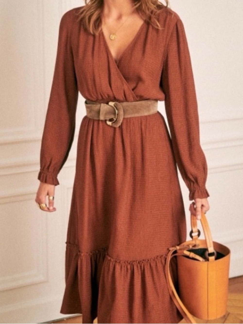 Sezane Titiane Midi Dress‎ Women's Size 2 Wrap Tiered Paris French Hazel Brown